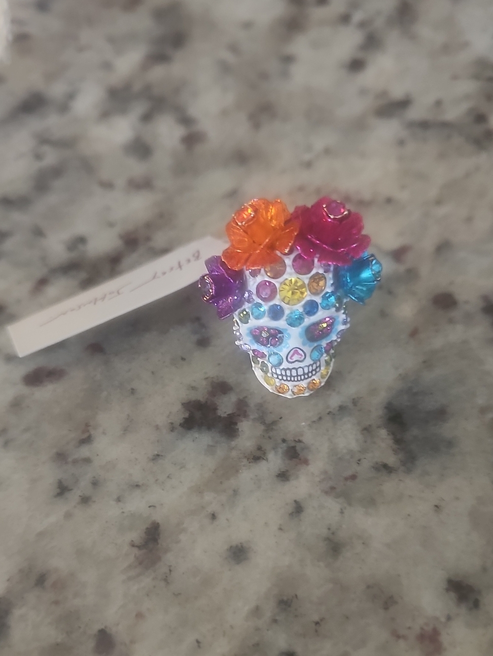 Betsey Johnson Colorful Jeweled Sugar Skull Ring with Floral Accents